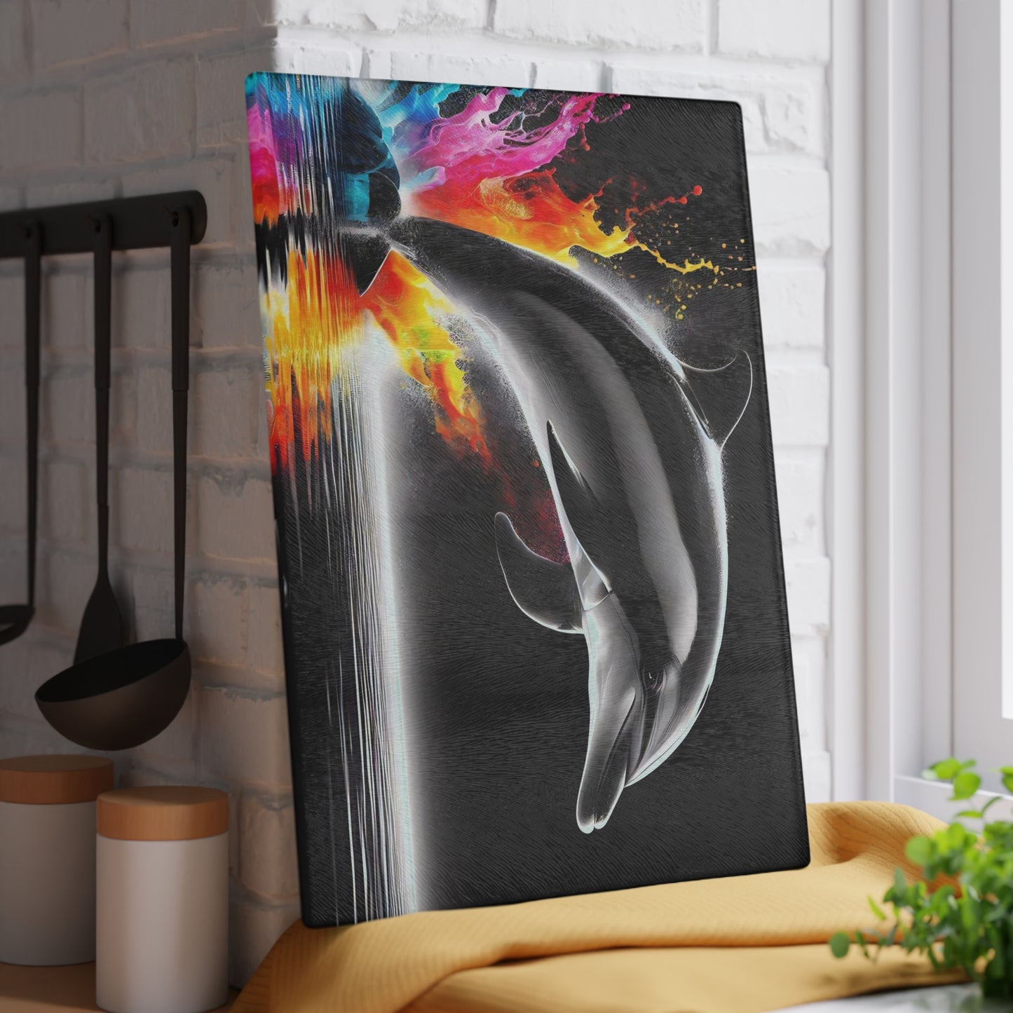 Tabla de cortar con diseño de delfín, vidrio templado con vibrantes escenas de delfines, regalo para chef, regalo para ella, regalo de boda o inauguración de la casa.
