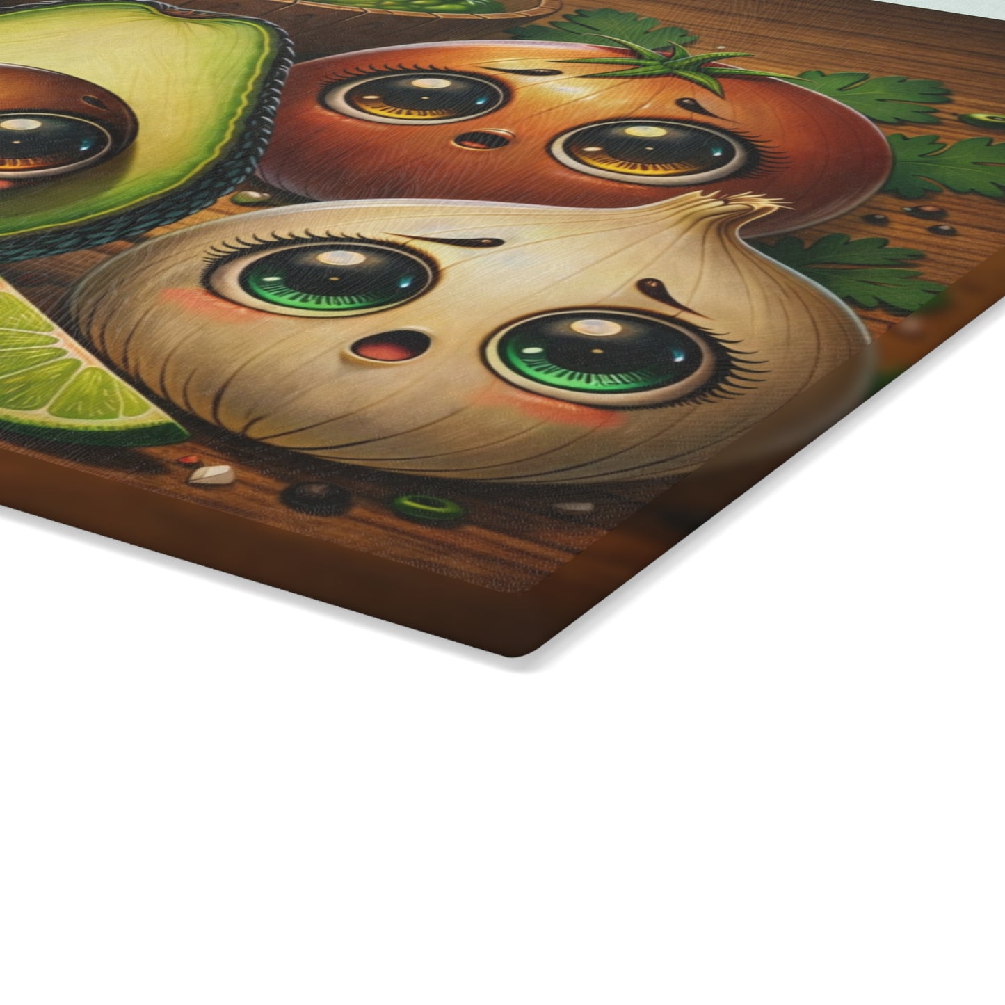 Cute Avocado & Veggie Glass Cutting Board – Whimsical Kitchen Art with Guacamole Charm
