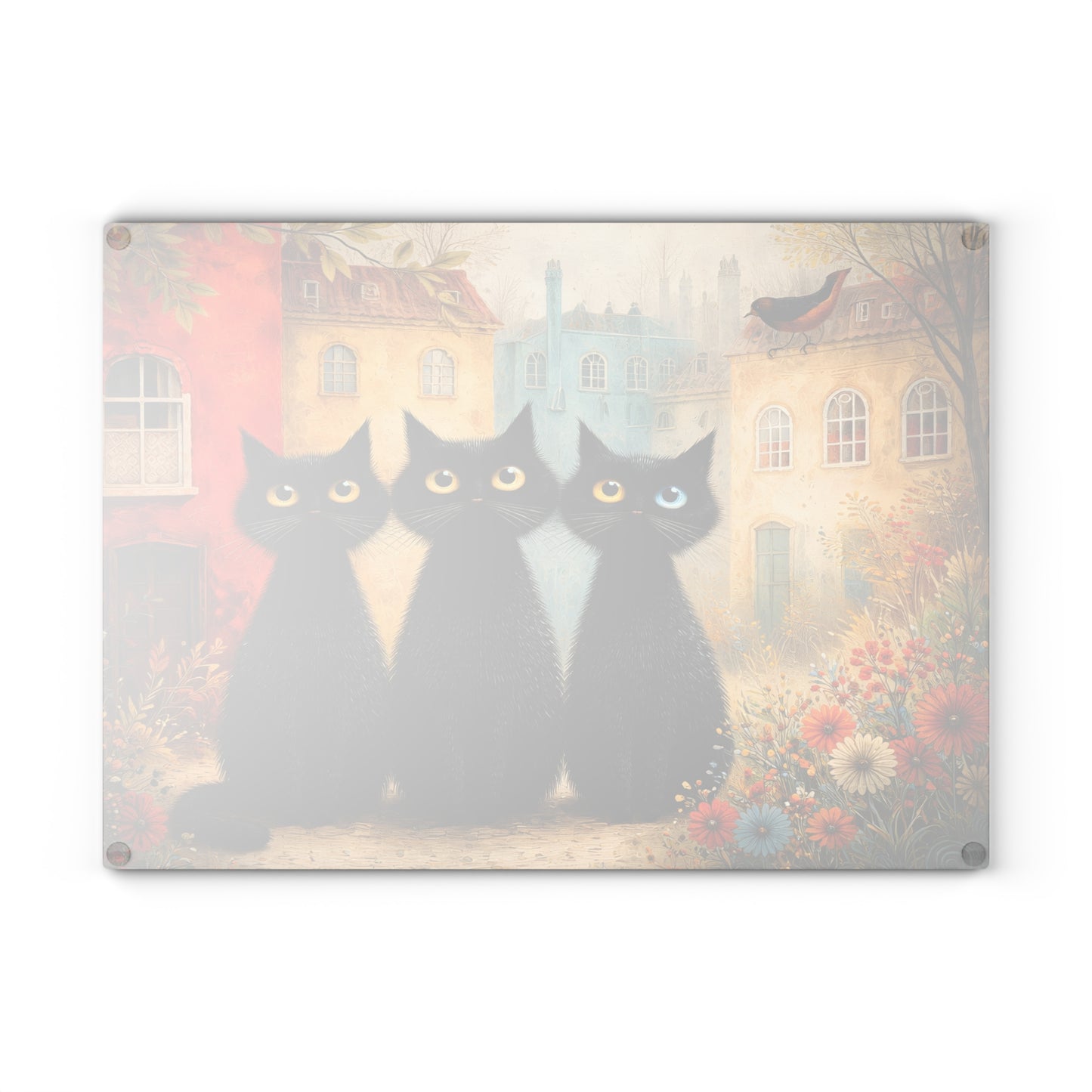 Whimsical Black Cat Glass Cutting Board – Storybook Village Cat Art Kitchen Decor