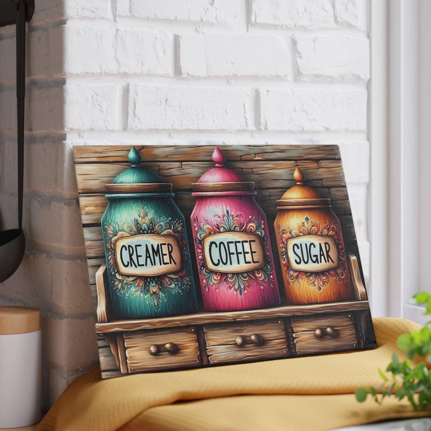 Farmhouse Canister Glass Cutting Board – Coffee, Sugar & Creamer Display