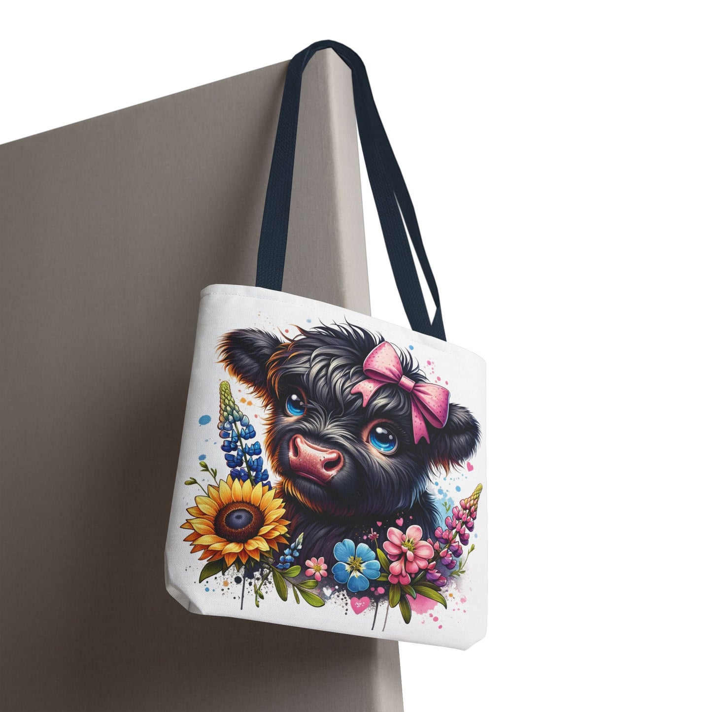 🌸 Black Highland Calf Floral Tote Bag – Sweet Style for Every Age 🐮👜