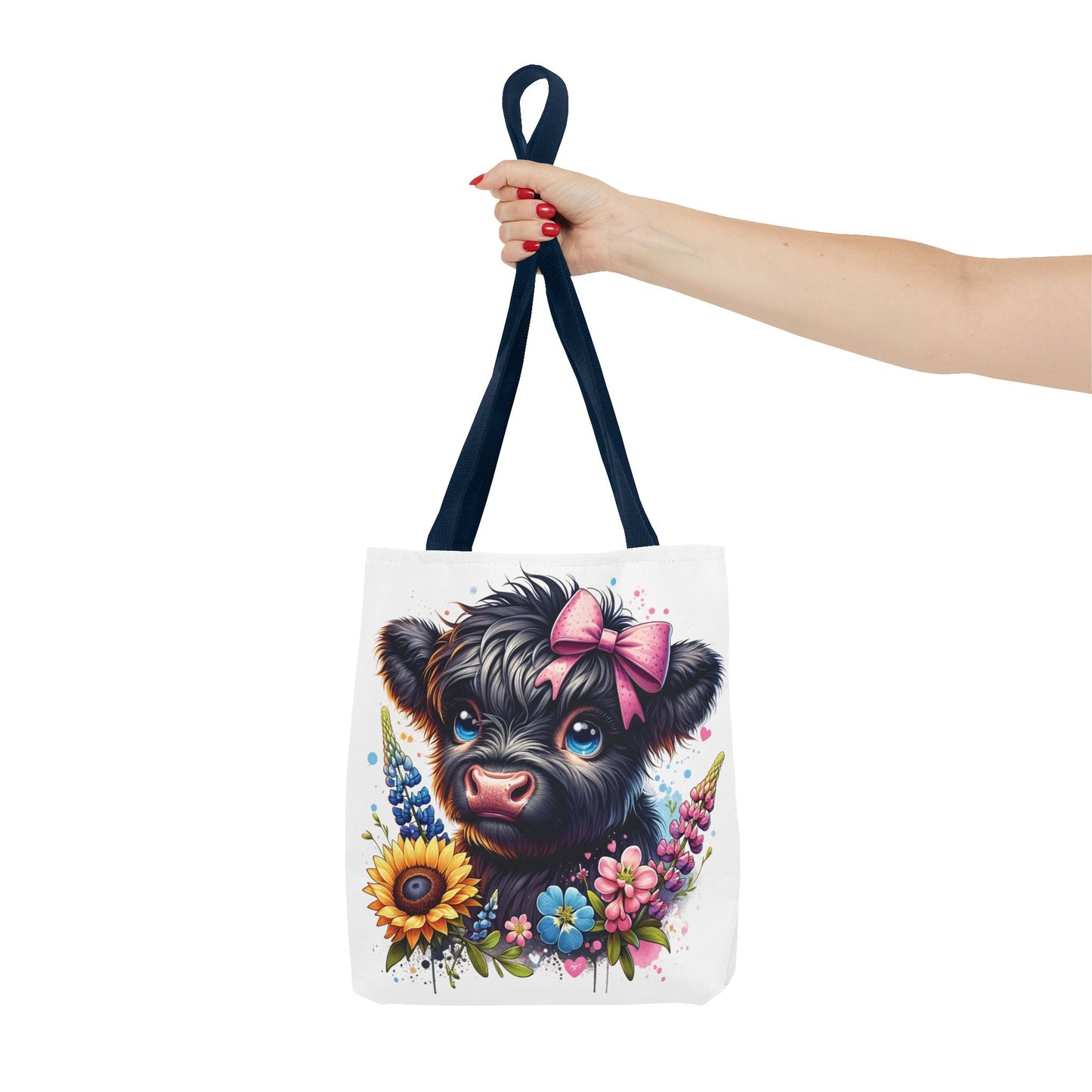 🌸 Black Highland Calf Floral Tote Bag – Sweet Style for Every Age 🐮👜