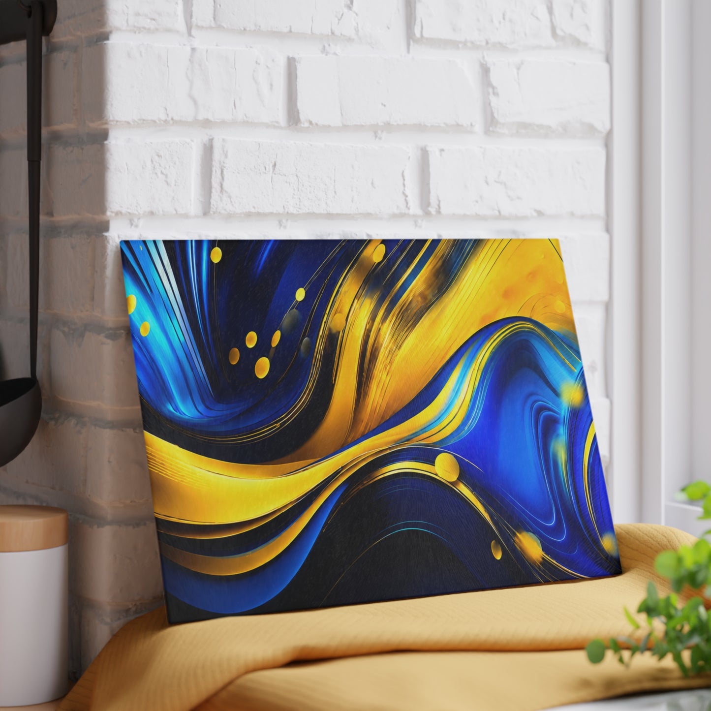 Blue & Gold Abstract Glass Cutting Board – Modern Fluid Art Kitchen Decor