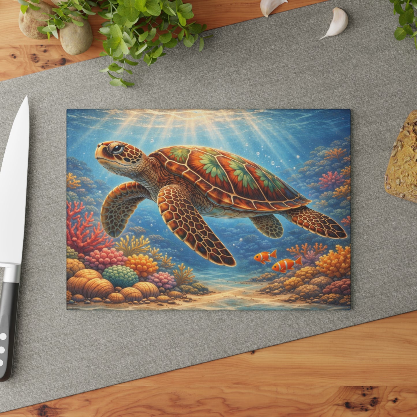 Colorful Sea Turtle Glass Cutting Board – Vibrant Underwater Ocean Reef Kitchen Art