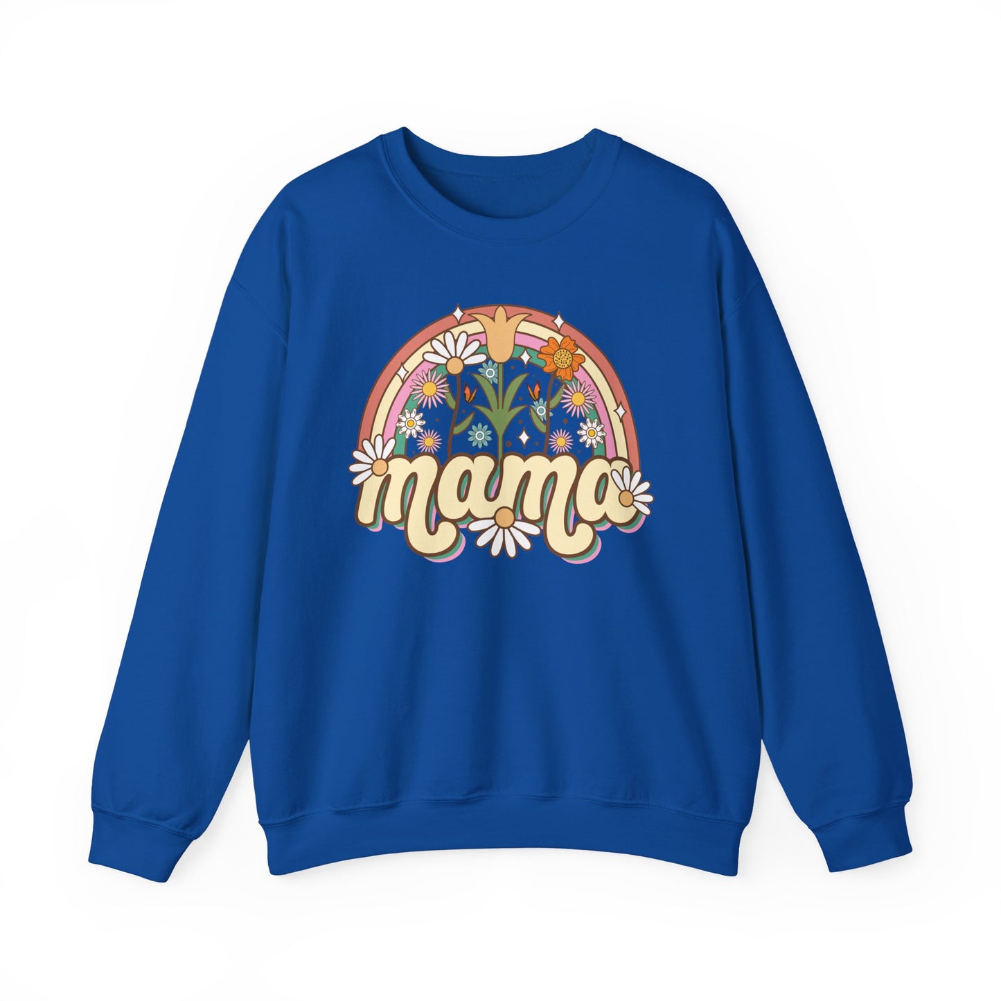 🌼🌈 Retro Floral Mama Sweatshirt – Vintage Rainbow Daisy Mom Crewneck