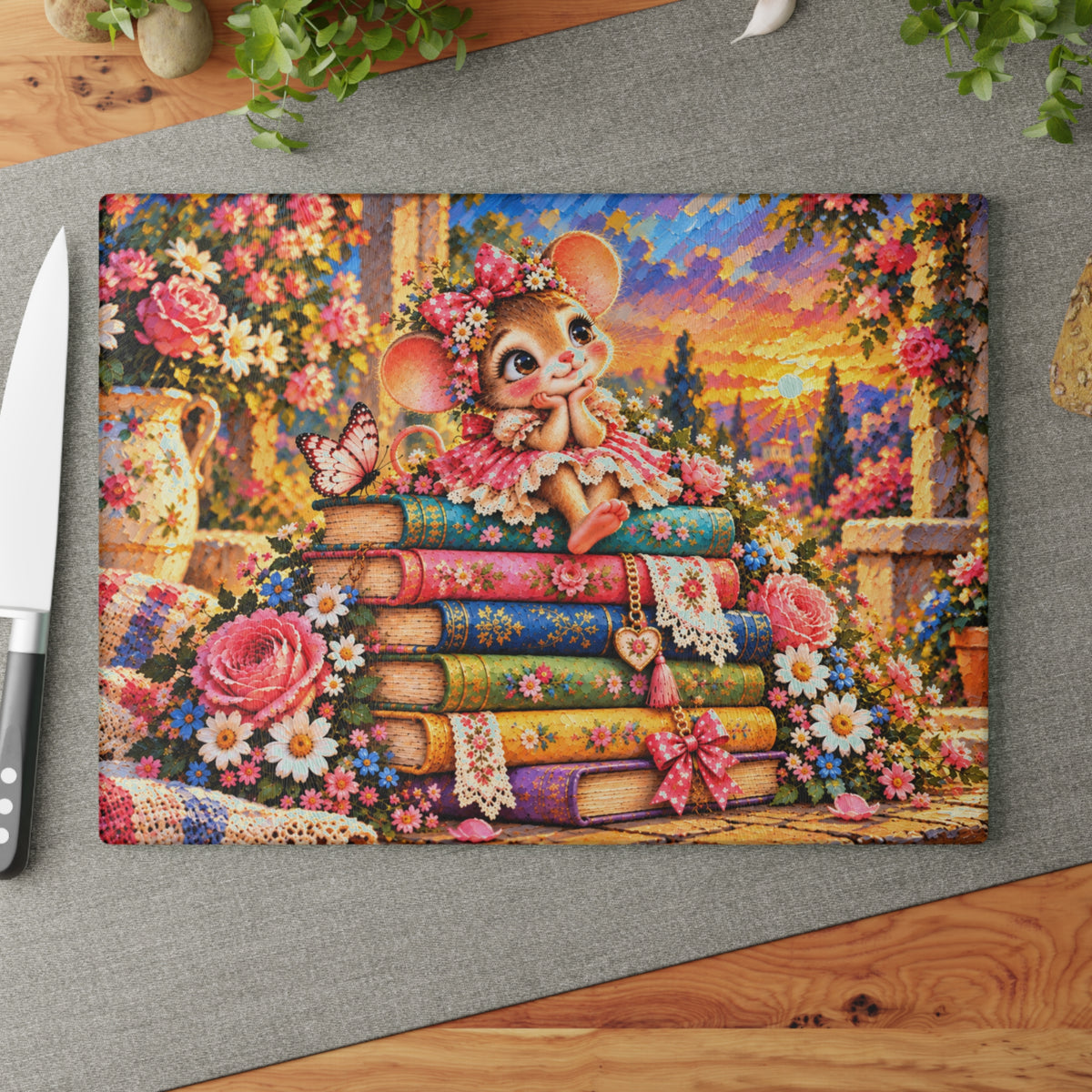 Adorable Mouse on Colorful Books Tempered Glass Cutting Board – Whimsical Floral Storybook Art – 11 × 15 Inches