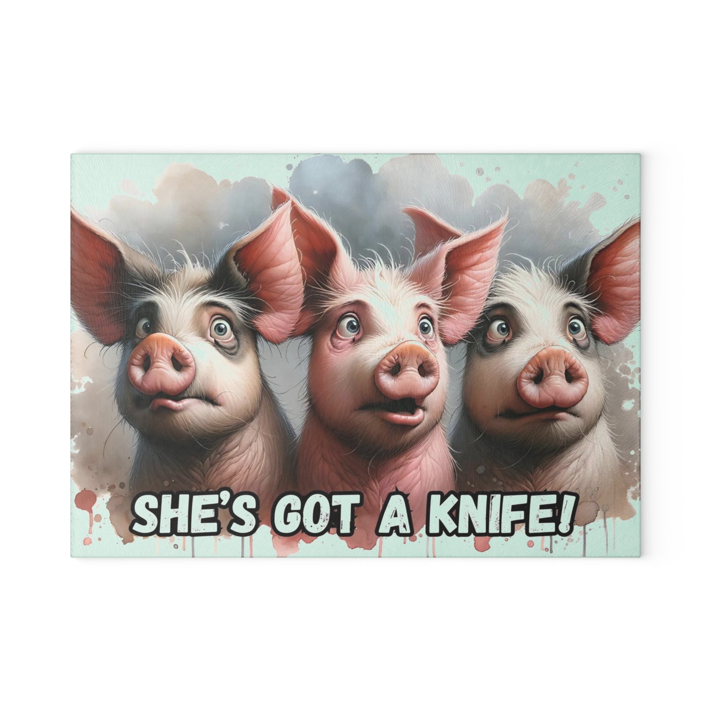 🐷😂 “Panic Pigs – She’s Got a Knife!” Glass Cutting Board – Laughs for Your Kitchen