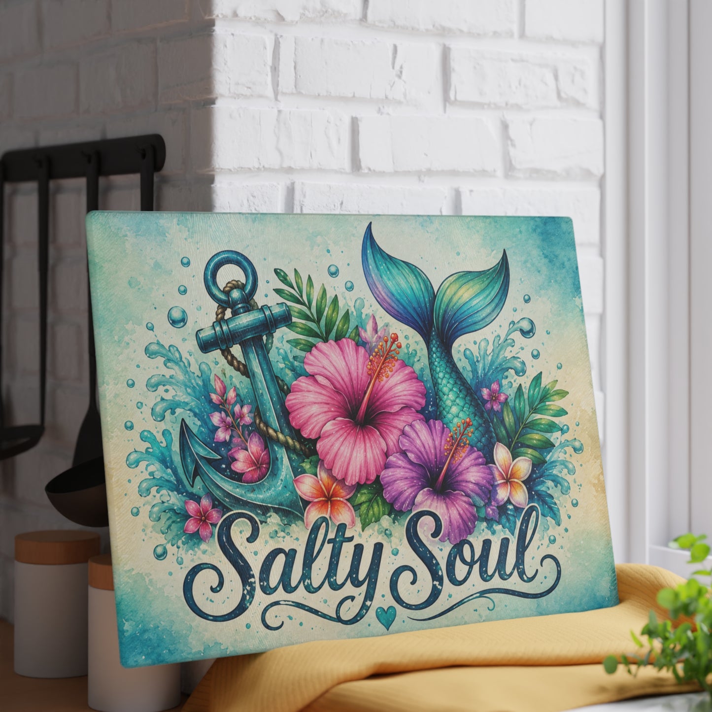 Salty Soul Mermaid Tail Glass Cutting Board – Coastal Beach Kitchen Decor with Anchor & Tropical Flowers