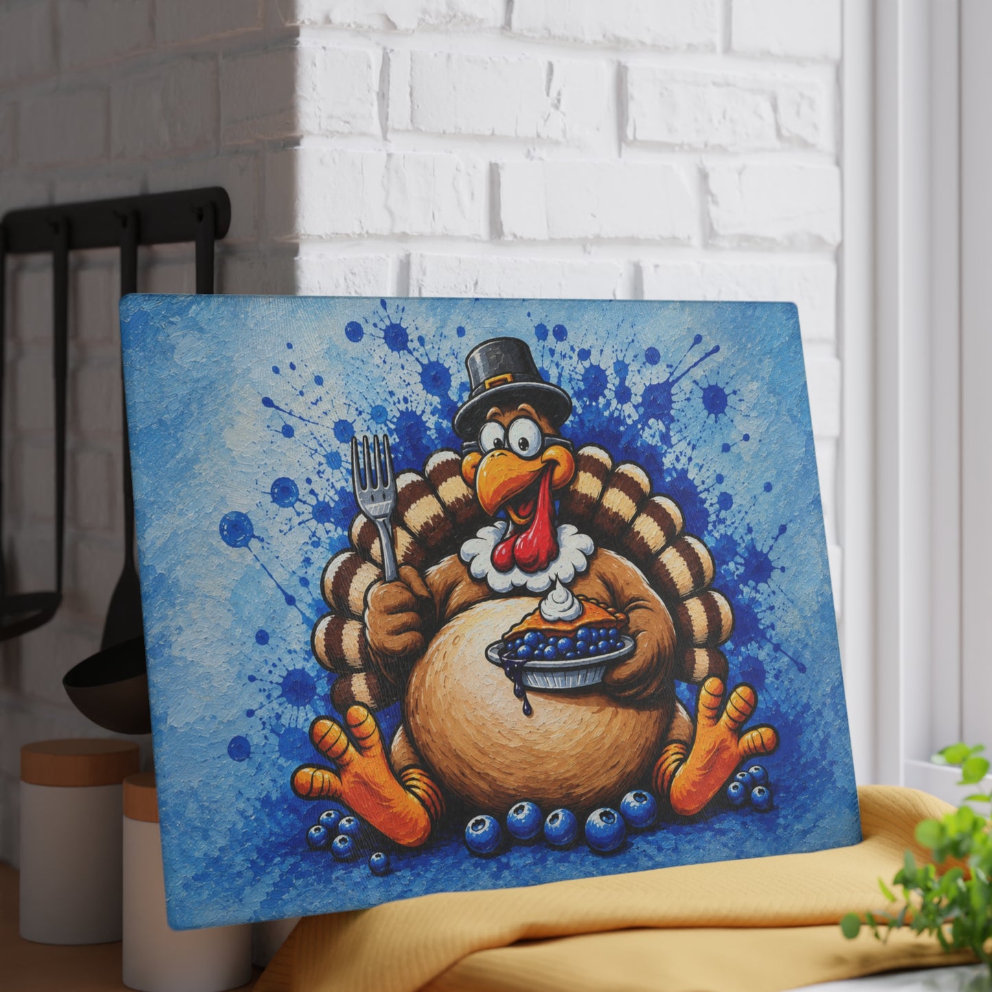 Funny Thanksgiving Turkey & Blueberry Pie Glass Cutting Board – Whimsical Holiday Kitchen Decor