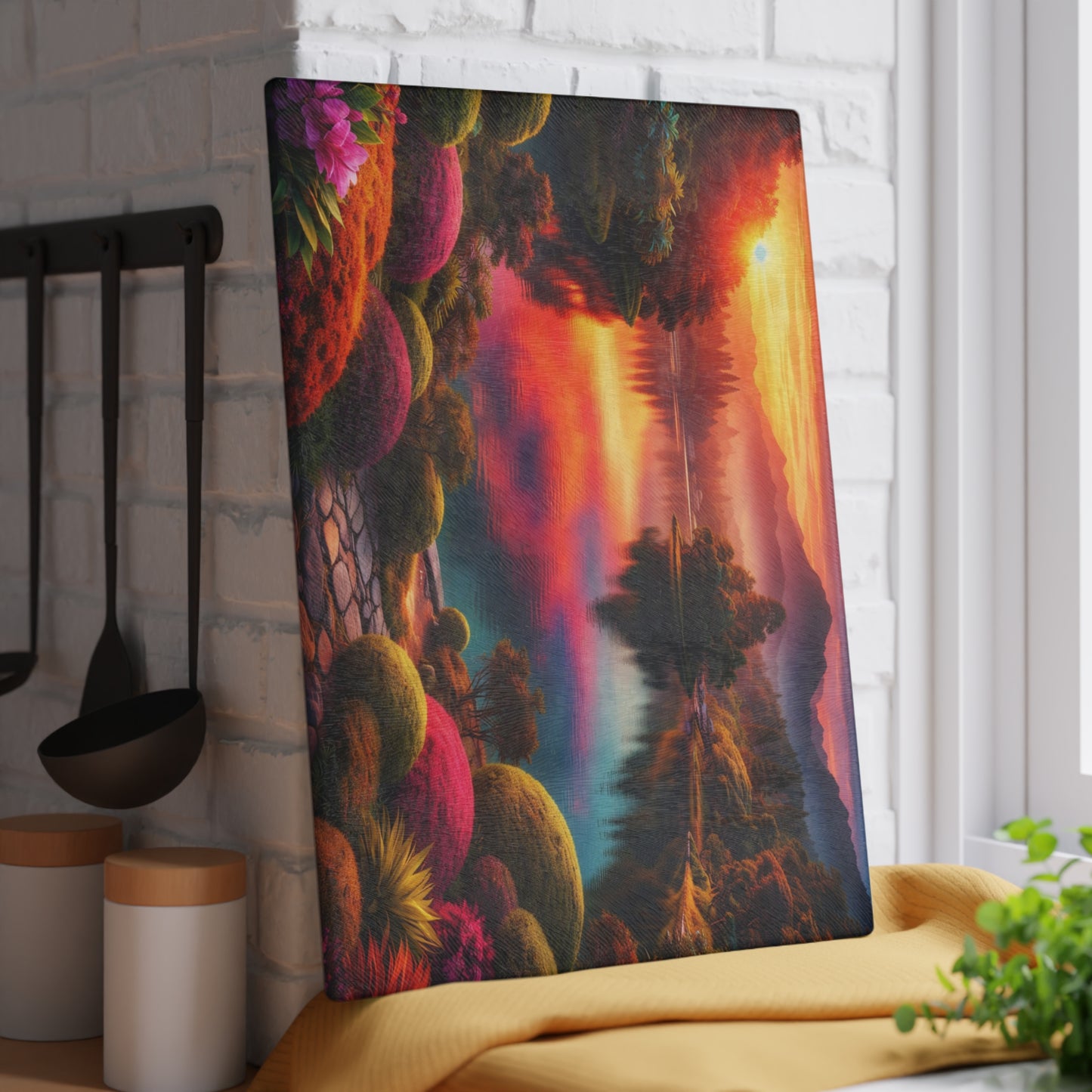 Sunset Garden Lake Glass Cutting Board – Vibrant Nature Landscape Kitchen Art