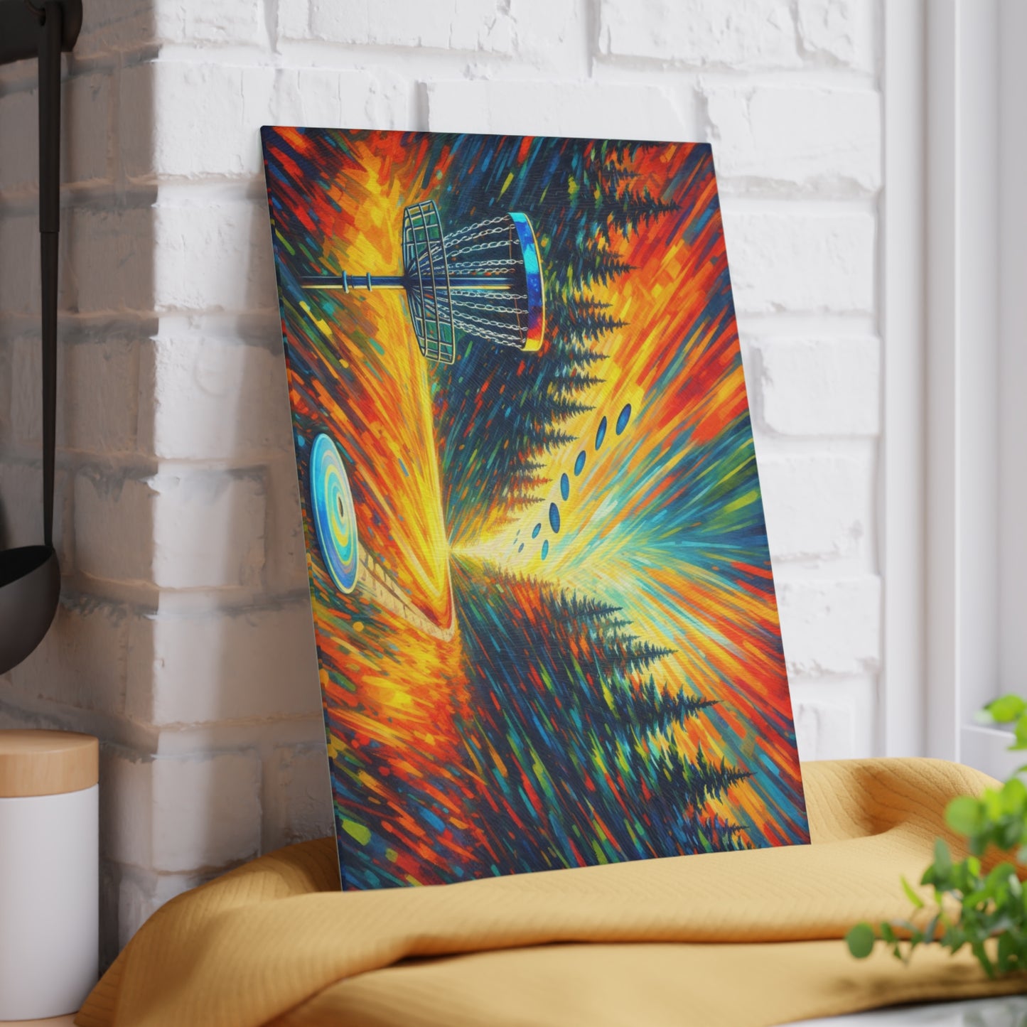 Disc Golf Basket Sunset Glass Cutting Board – Colorful Outdoor Sports Artwork