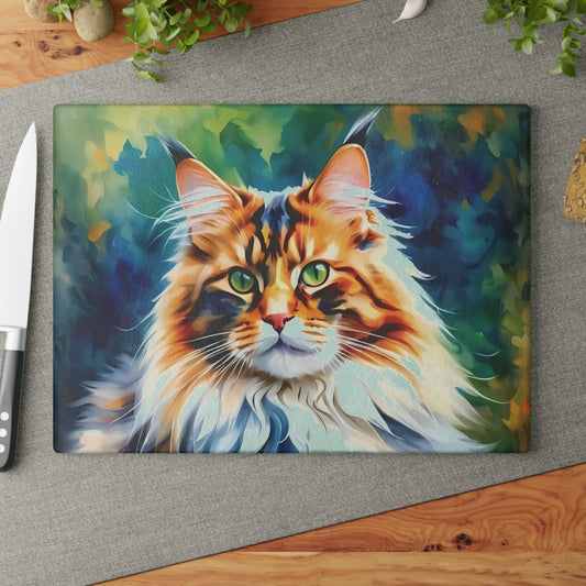 Green-Eyed Maine Coon Forest Cat Cutting Board – Fierce Feline Charm for Nature-Loving Kitchens