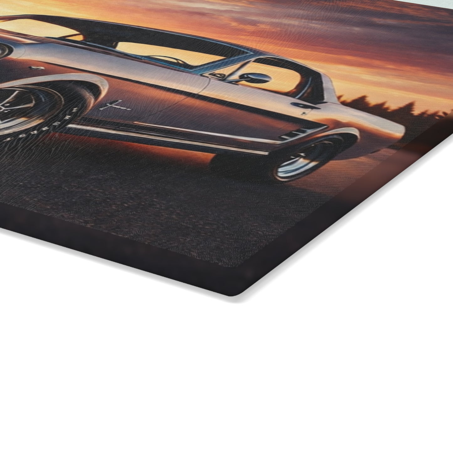 Classic Muscle Car Sunset Glass Cutting Board – Vintage American Auto Kitchen Art & Display Board