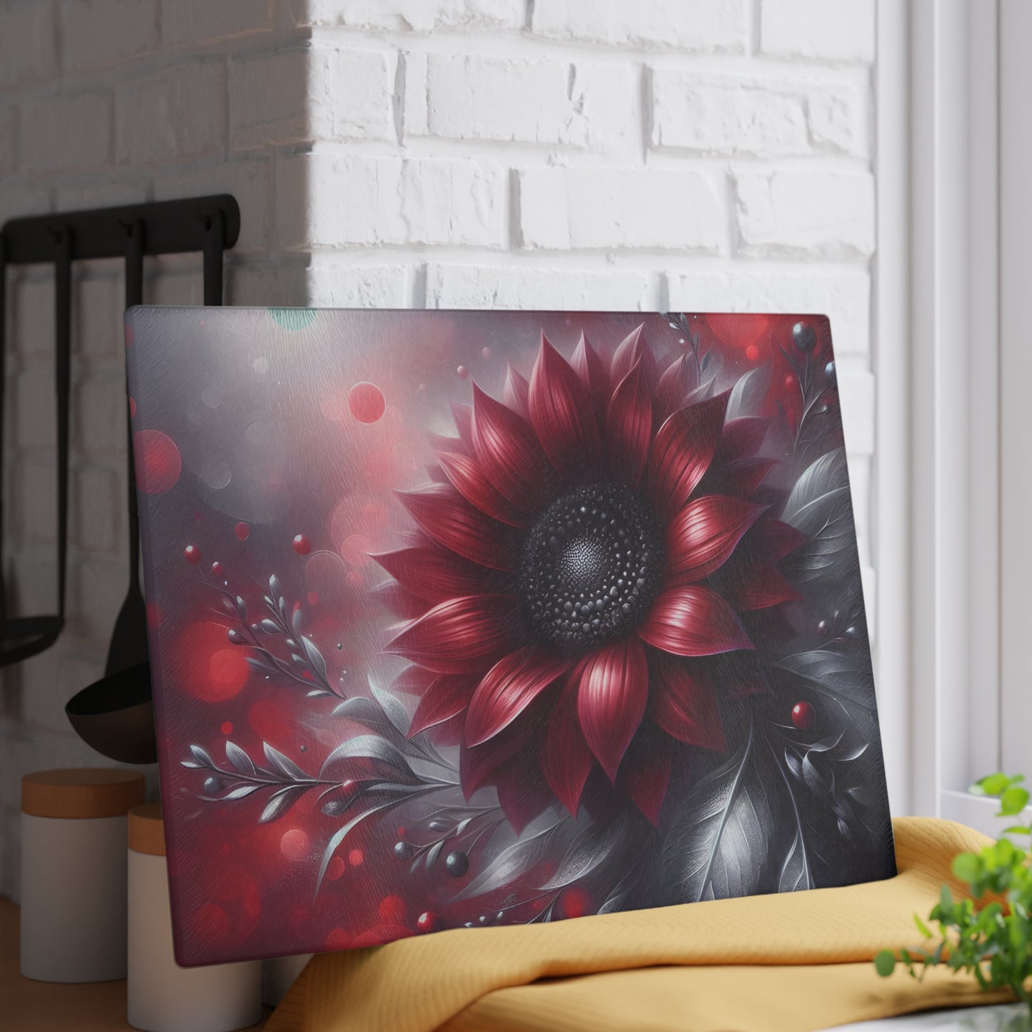 🌻🖤 Red and Black Sunflower Cutting Board – Bold Elegance for Your Kitchen 🌹