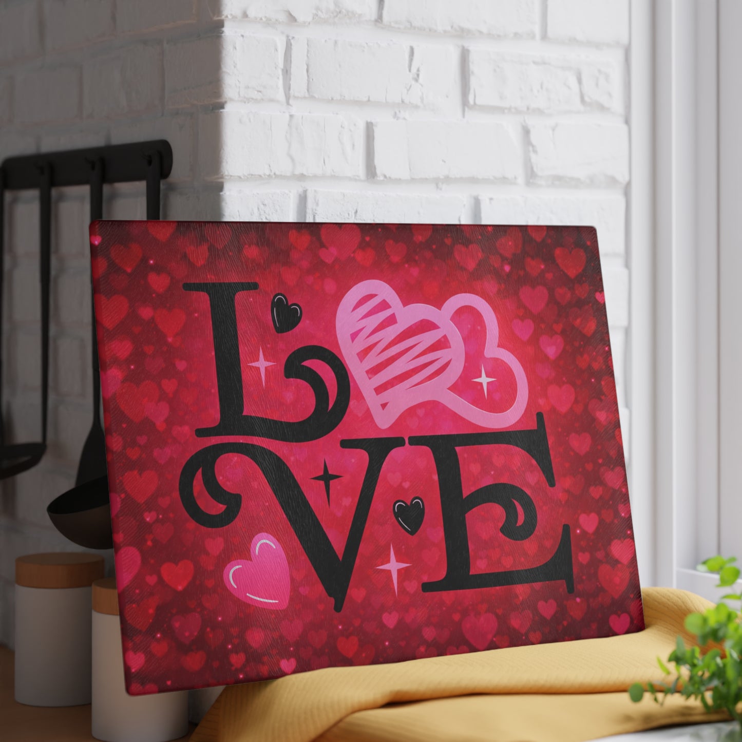 LOVE Heart Typography Glass Cutting Board – Romantic Red Heart Design for Meaningful Home Decor