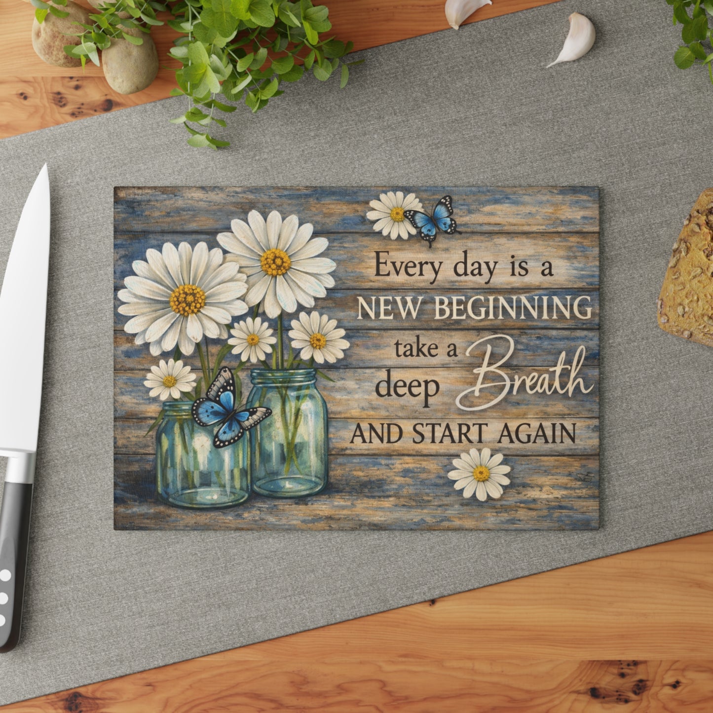 Every Day Is a New Beginning Glass Cutting Board – Daisy and Butterfly Inspirational Kitchen Art