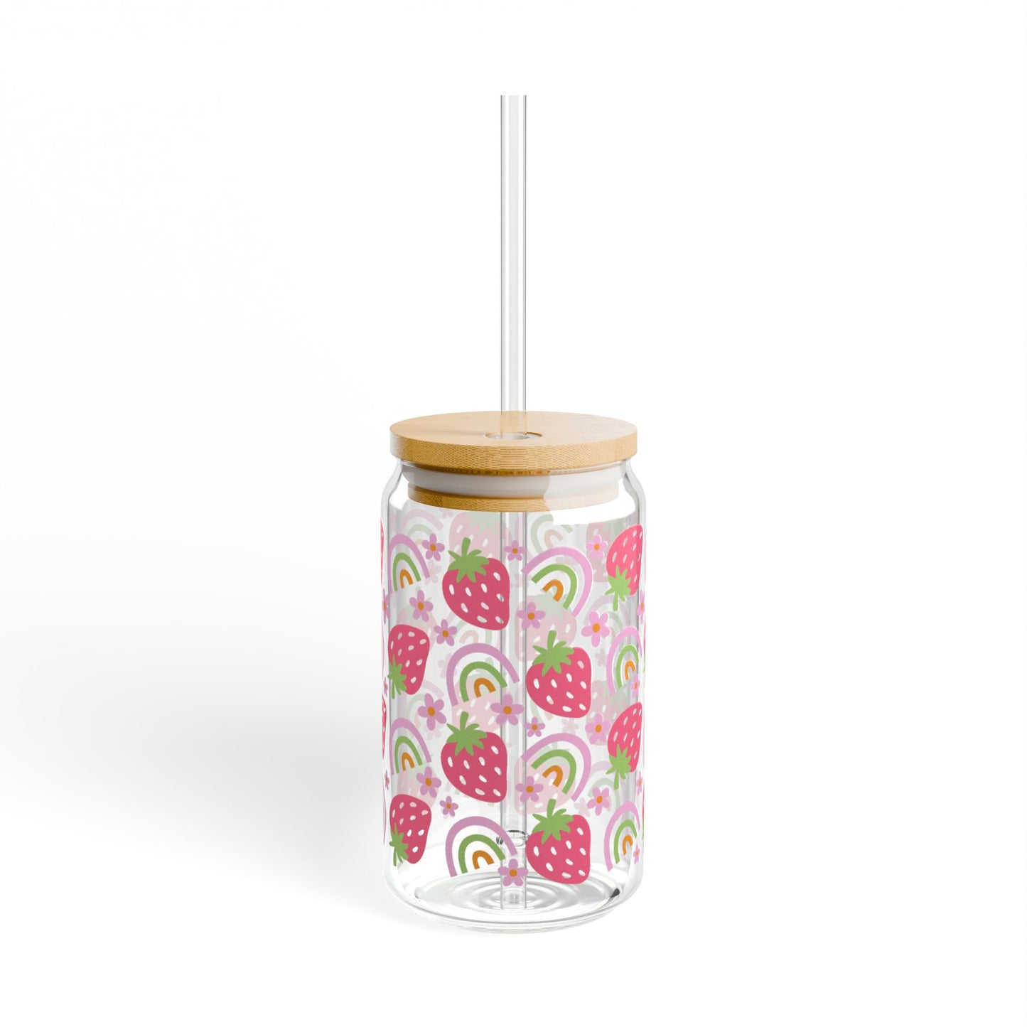 🍓🌈 Strawberry Rainbow Sipper Glass – 16oz Cheerful Sips for Sunshine Days ☀️💖
