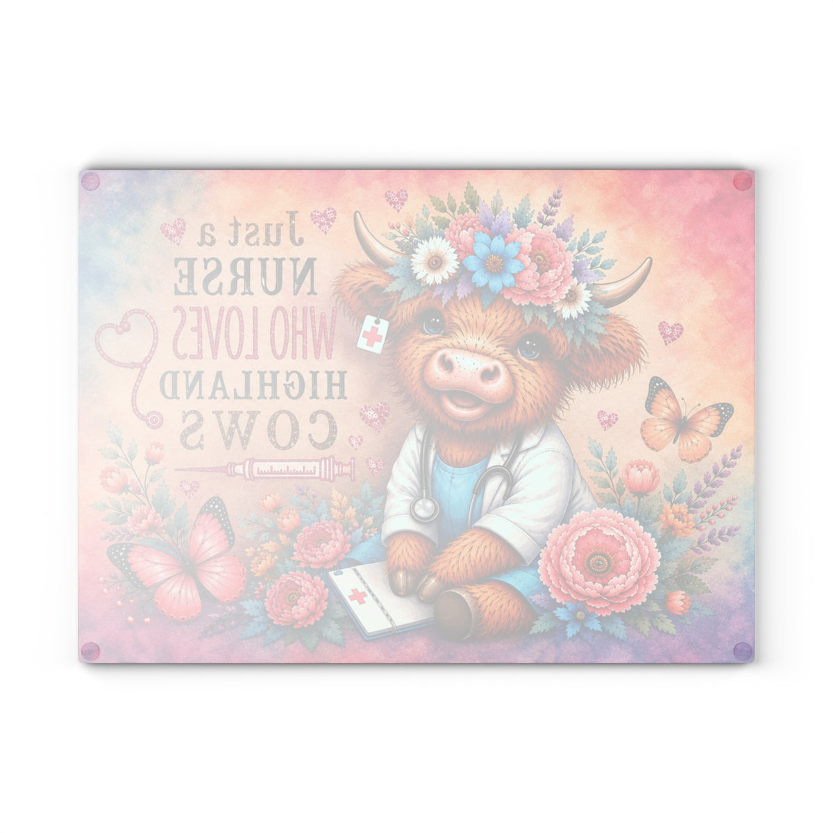 Nurse Highland Cow Glass Cutting Board – Colorful Floral Nurse Gift with Butterflies & Medical Theme