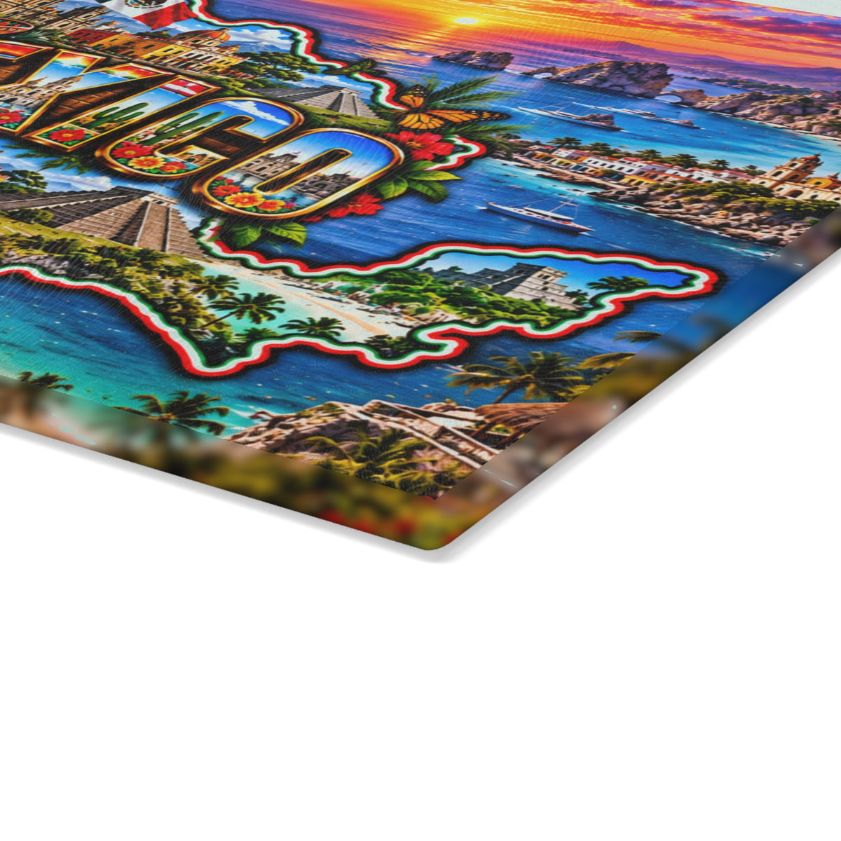 Mexico Map Cutting Board – Colorful Mexican Landmarks, Tropical Beaches, Mayan Pyramids, Mexican Flag & Kitchen Décor