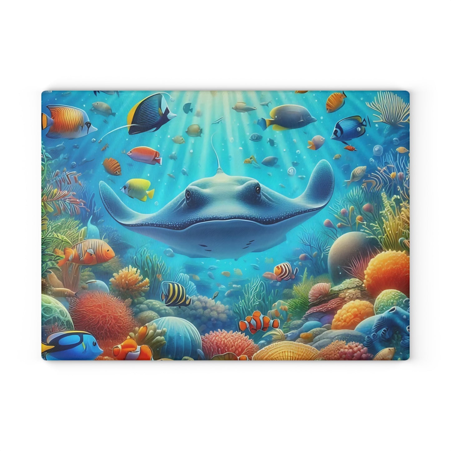 Tabla de cortar de vidrio con diseño de raya y arrecife de coral: decoración de cocina con vida marina y peces de agua salada