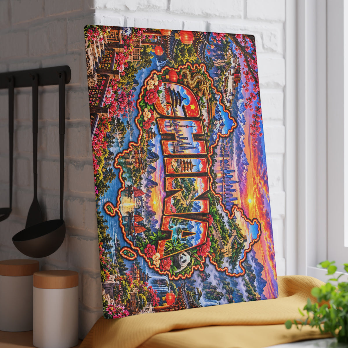 China Map Cutting Board – Great Wall, Giant Panda, Chinese Temples, Mountain Landscapes & Kitchen Décor
