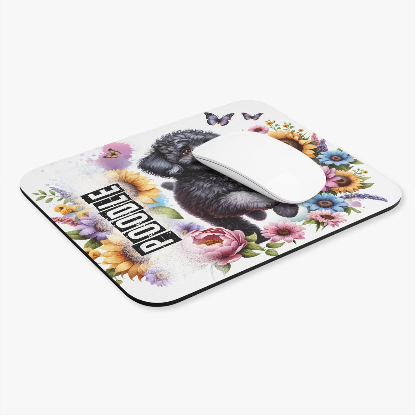 🖱️🐩🌸 Poodle Mouse Pad – Playful Black Poodle with Sunflowers & Florals (Charcoal)