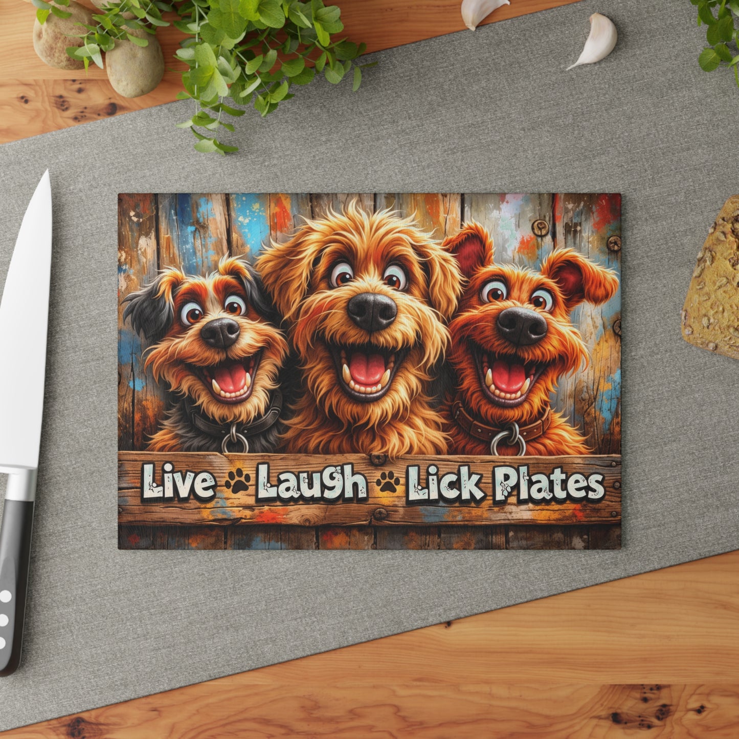 Live Laugh Lick Plates Glass Cutting Board – Funny Dog Kitchen Decor