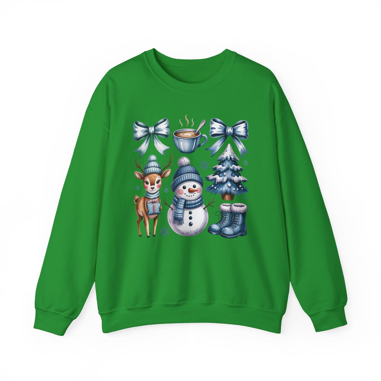 ❄️💙 Cozy Winter Vibes Crewneck – Reindeer, Snowman, Cocoa & Bows