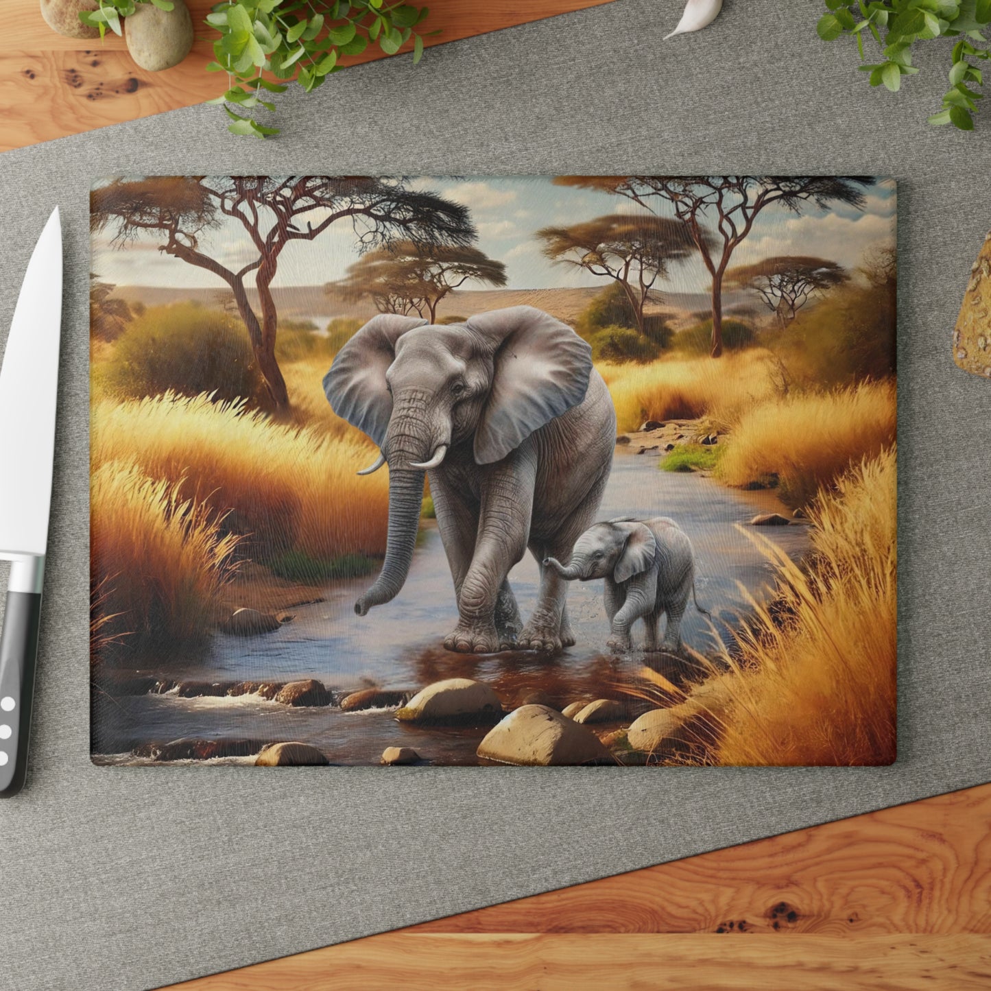 Mama Elephant and baby tempered glass cutting board