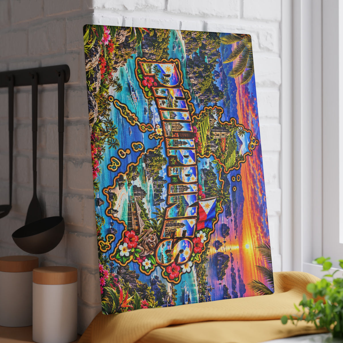 Philippines Glass Cutting Board – Tropical Island Map, Palawan Lagoons, Mayon Volcano, Philippine Flag & Sunset Kitchen Décor