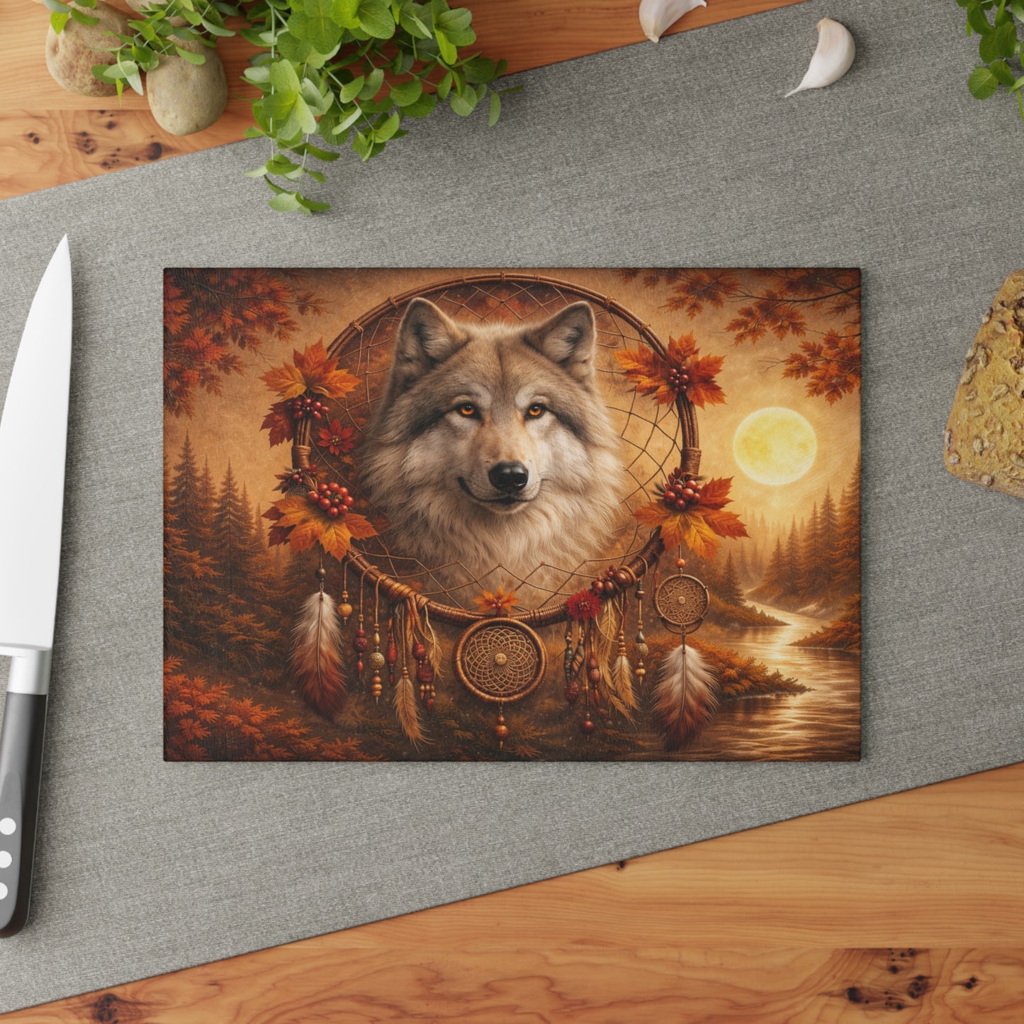 Autumn Wolf Dreamcatcher Glass Cutting Board – Rustic Woodland Wildlife Kitchen Art