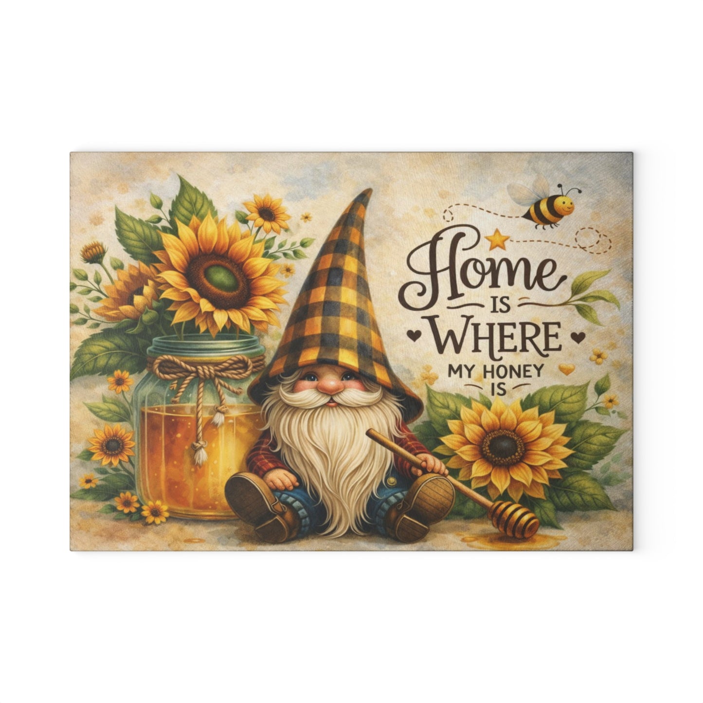 Sunflower Honey Gnome Glass Cutting Board – Cozy Farmhouse Kitchen Decor