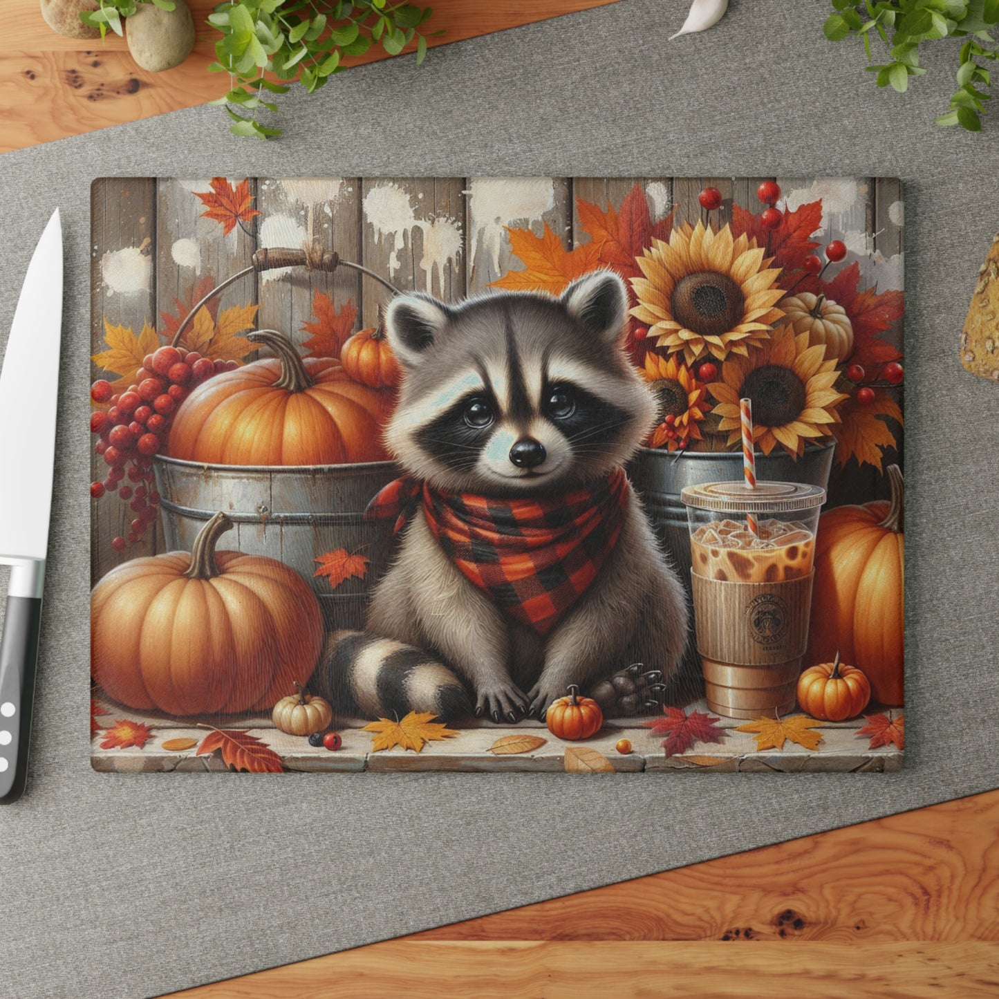 🦝 Autumn Raccoon Cutting Board – Cozy Fall Charm for Your Rustic Kitchen