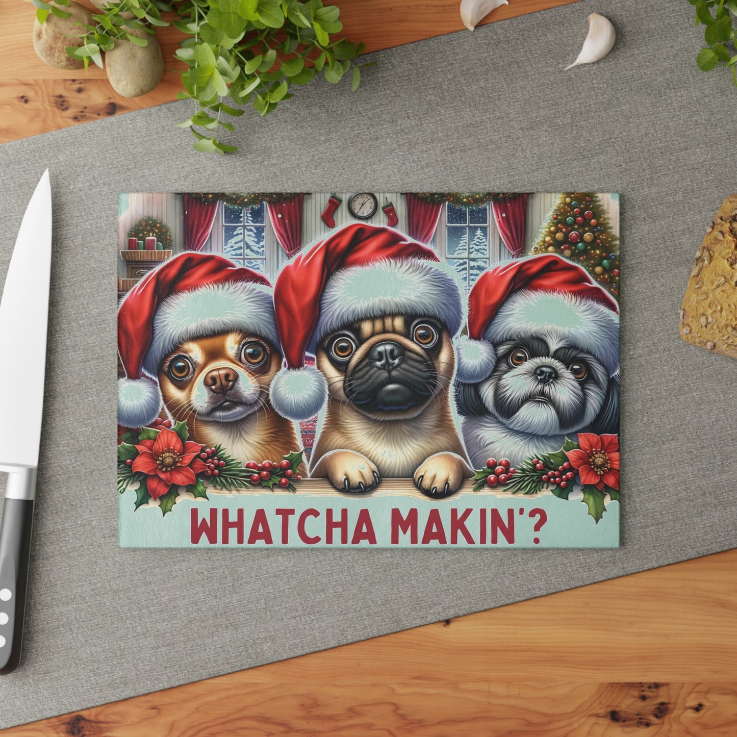 🐶🎄 “Whatcha Makin’?” Holiday Dogs Glass Cutting Board – Cozy Charm for Your Kitchen