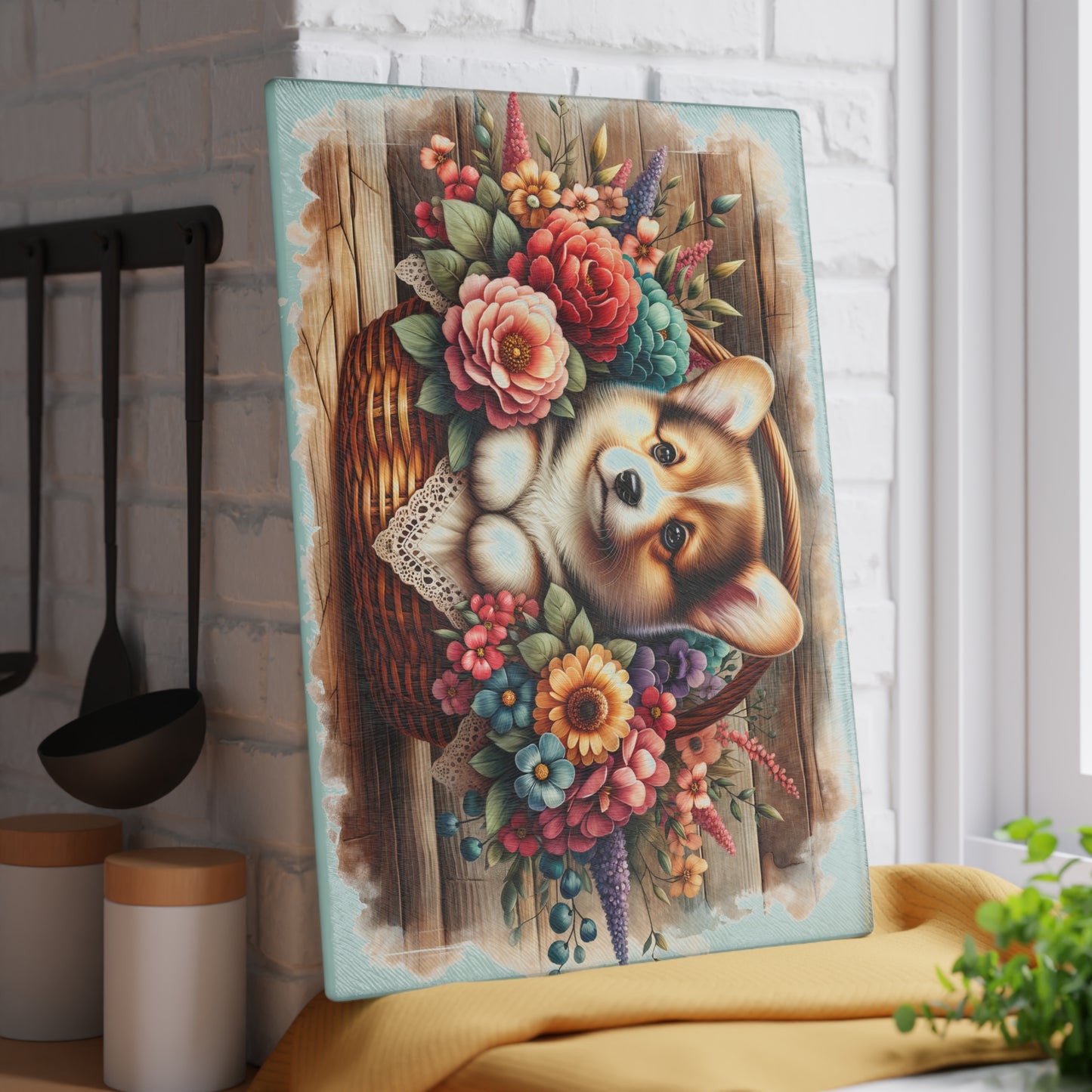 🐶🌸 Corgi in Basket Cutting Board – Sweet Charm Meets Rustic Elegance 🌼