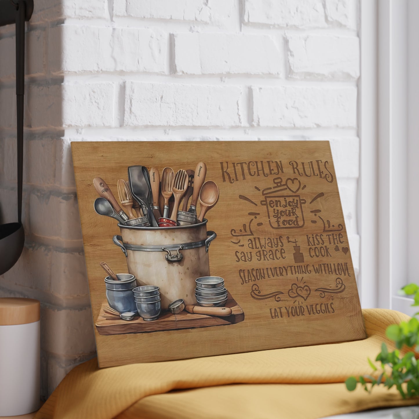Rustic "Kitchen Rules" Glass Cutting Board – Farmhouse Kitchen Décor