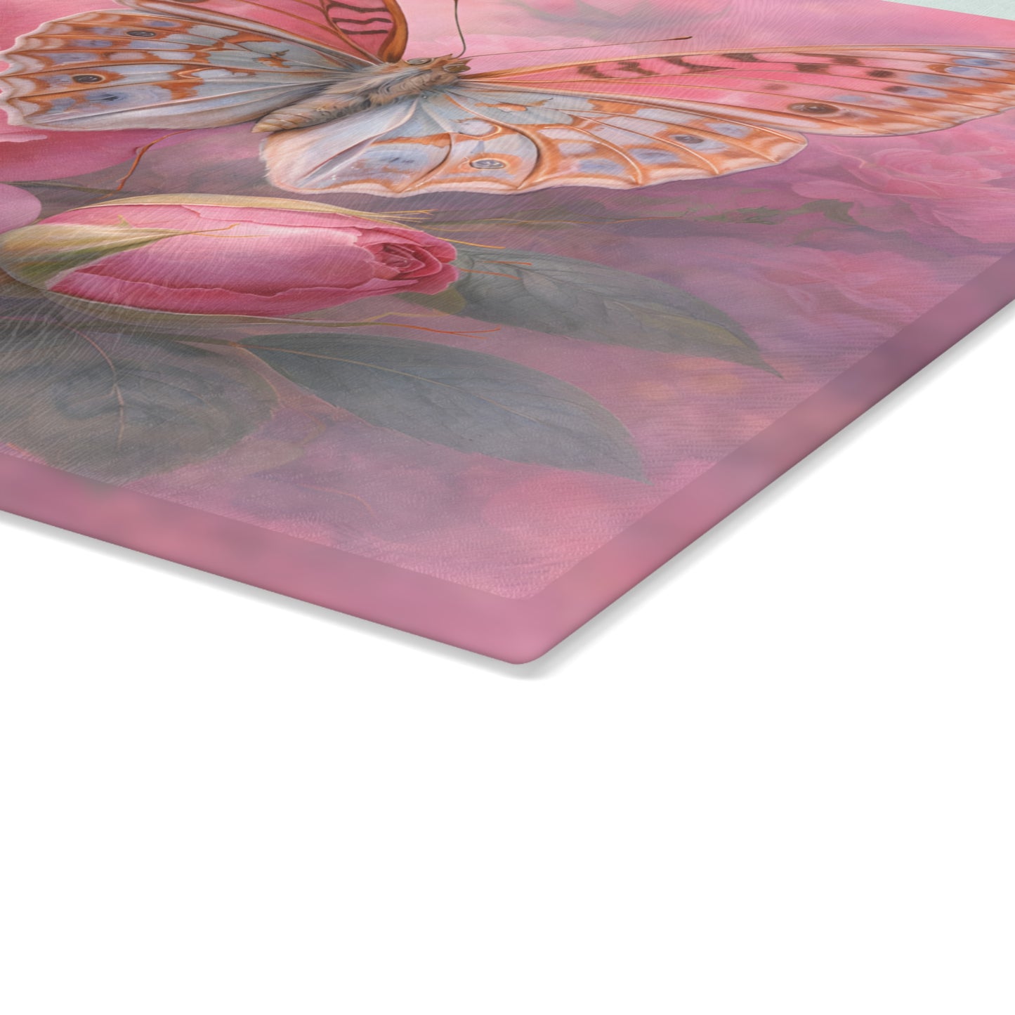 Pink Rose & Butterfly Glass Cutting Board – Romantic Floral Butterfly Kitchen Art