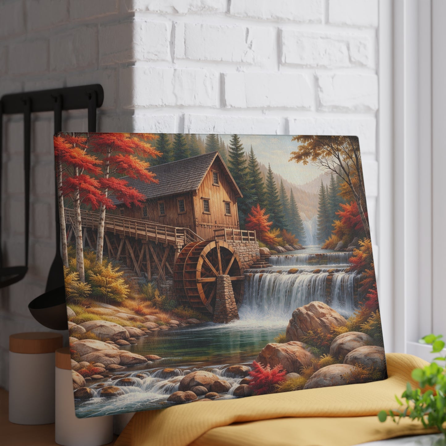 Autumn Watermill Landscape Glass Cutting Board – Rustic Mill and Waterfall Kitchen Art