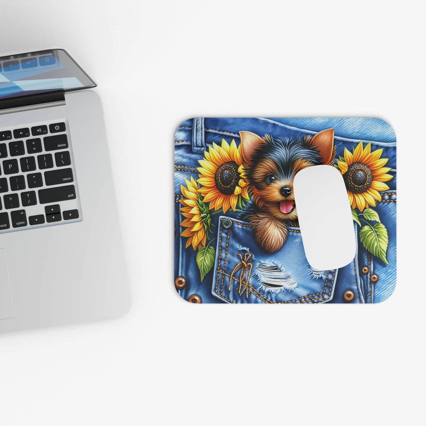 🖱️🐶🌻 Yorkie in Denim Pocket Mouse Pad – Cute Yorkshire Terrier with Sunflowers