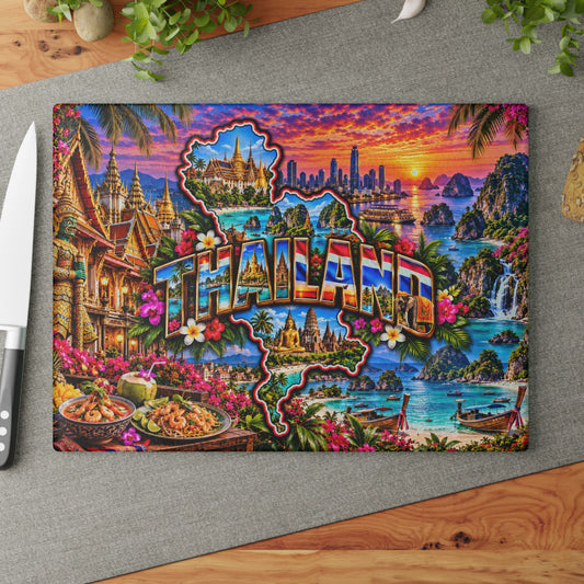 Thailand Map Cutting Board – Colorful Thai Temples, Tropical Islands, Golden Buddha, Waterfalls & Scenic Kitchen Décor