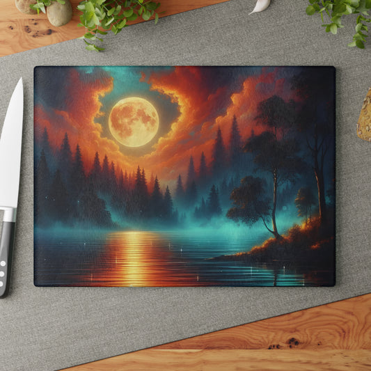 🌕🔥 Moonlit Forest Glow Cutting Board – Celestial Night Sky Reflection Art 🔥🌕