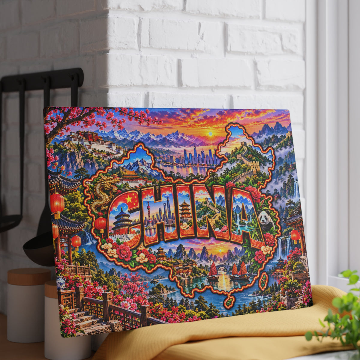 China Map Cutting Board – Great Wall, Giant Panda, Chinese Temples, Mountain Landscapes & Kitchen Décor