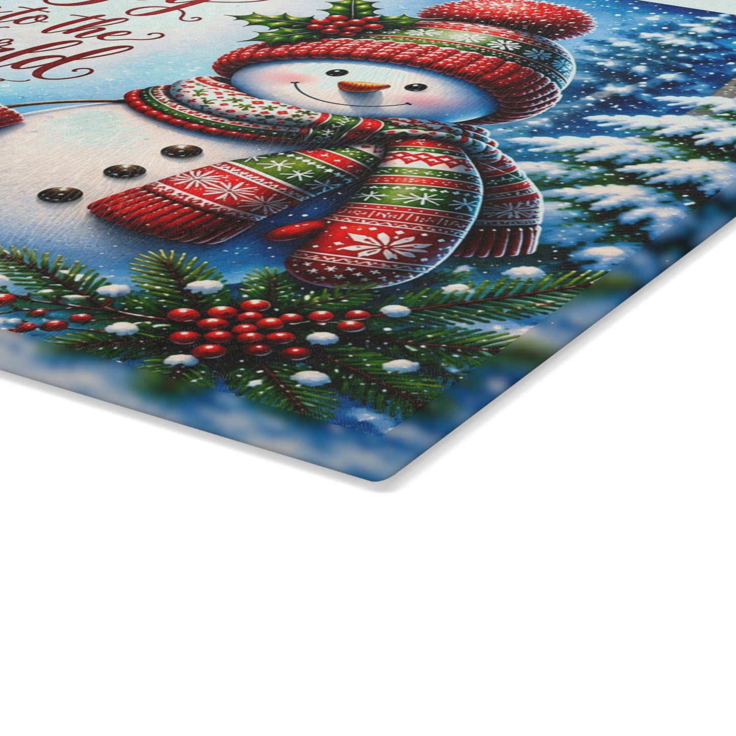 Joy to the World Snowman Glass Cutting Board – Christmas Winter Kitchen Decor
