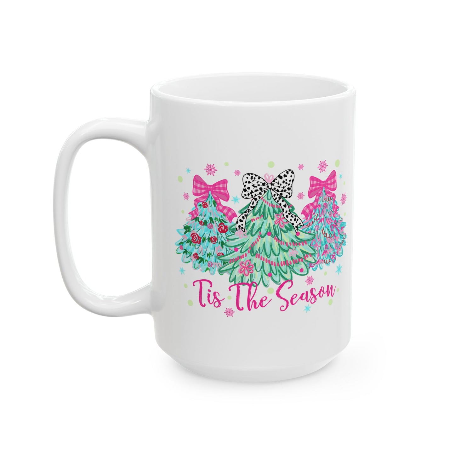 🎀🌲 ‘Tis the Season Mug – Pink Bows, Leopard Accents & Christmas Cheer 💖☕