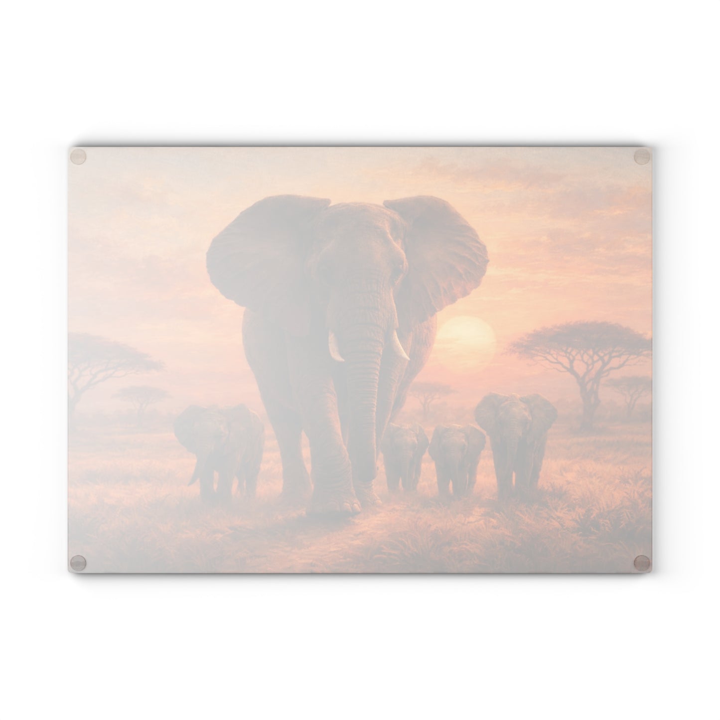 Elephant Family Sunset Safari Glass Cutting Board – Majestic Wildlife Landscape Kitchen Art