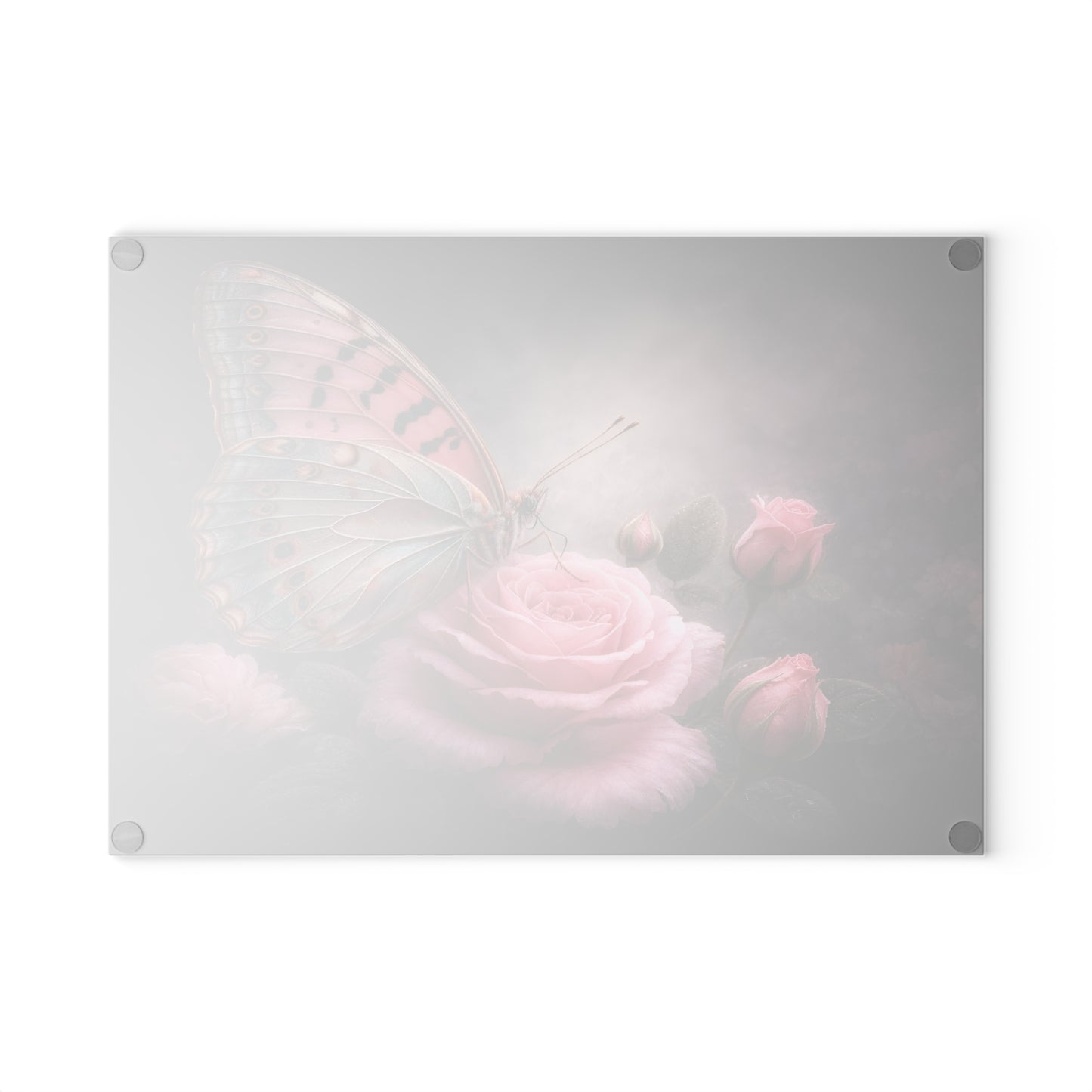 Blush Butterfly & Rose Glass Cutting Board – Elegant Floral Butterfly Kitchen Art