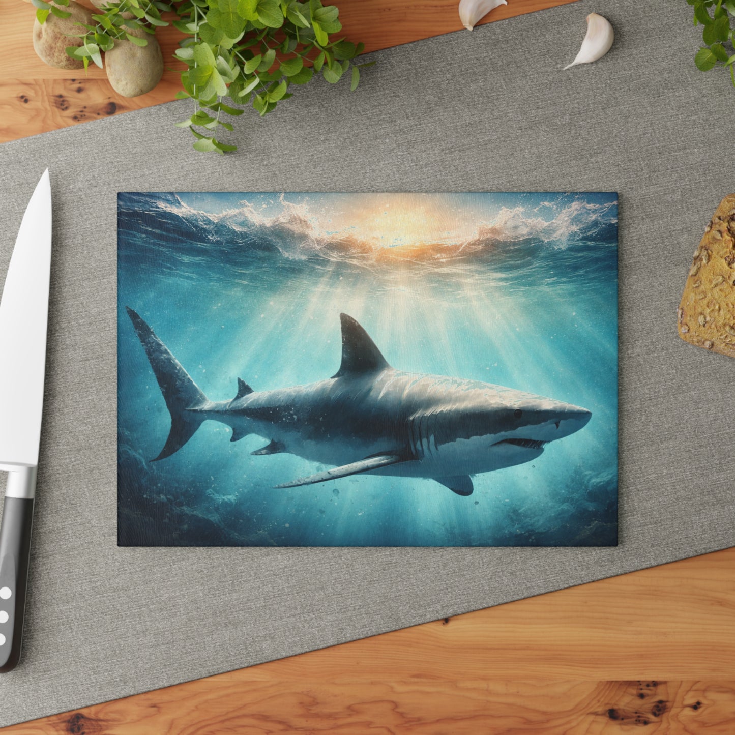 Ocean Guardian Glass Cutting Board – Majestic Shark in Sunlit Blue Waters