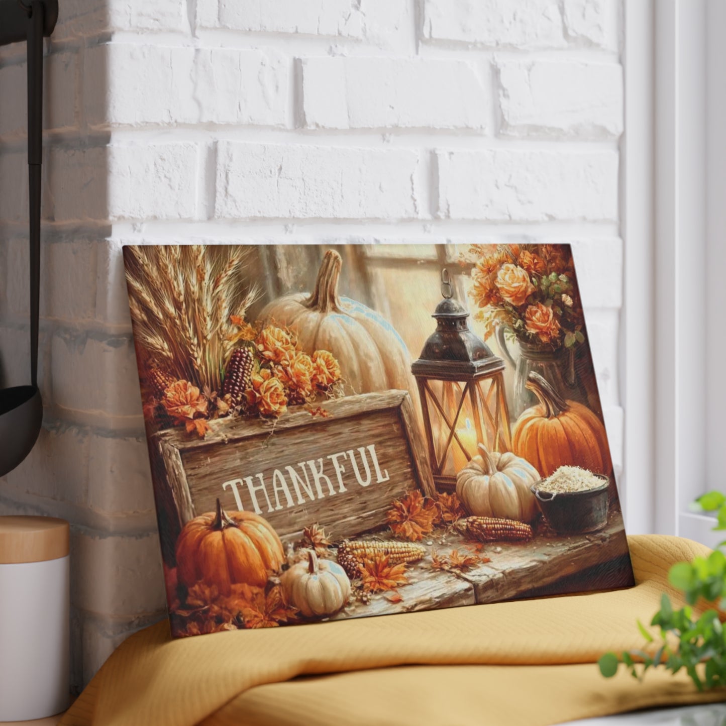 🎃🕯️ “Thankful Autumn Vignette” Glass Cutting Board – Cozy Charm for Your Kitchen
