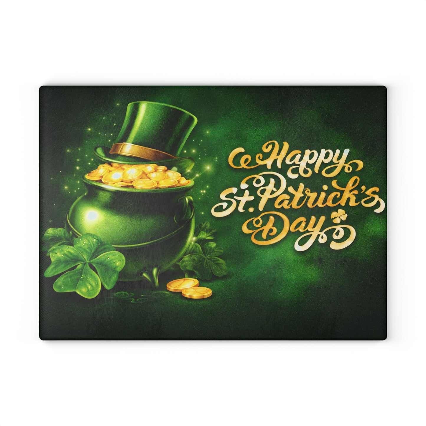 Happy St. Patrick’s Day Clover & Gold Glass Cutting Board – Festive Irish Kitchen Accent