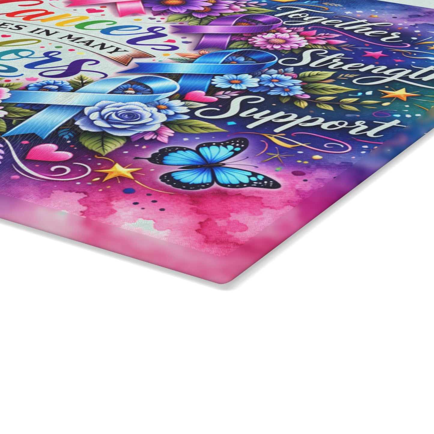 Cancer Comes in Many Colors Glass Cutting Board – Awareness Ribbon Floral Artwork